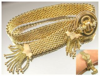C1870s Rare Antique Victorian Double Tassel Slide Mesh Bracelet Gold Front Gfrg