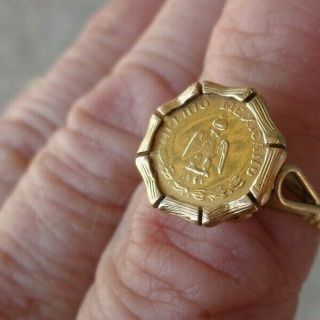 Vintage 14k Gold Signet Mounting W/ Mexican 1865 Mini Coin Ladies Ring Sz6.  75