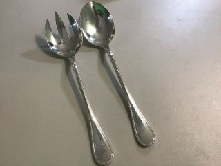Christofle Silver Plated Perles Salad Serving Fork & Spoon No Monogram 9.  5”
