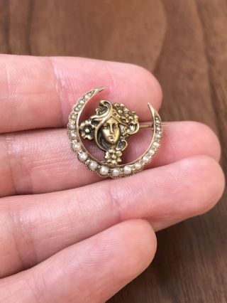 Antique Victorian 10k Gold & Seed Pearl Art Nouveau Lady Goddess Brooch Pin