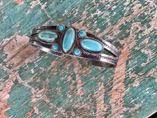 Antique 7 Stone Navajo Silver And Turquoise Bracelet N R.