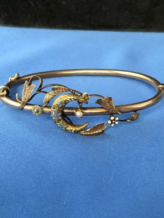 Antique Victorian Etruscan Hinged Bangle Bracelet.  Enameled.  Pearl.  Multicol