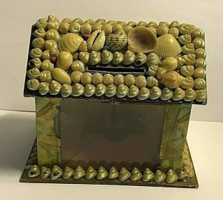 Antique Folk Art Sailors Valentine Seashell Shell Paper Trinket Piggy Bank Box