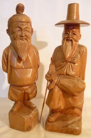 Vintage Oriental Wood Carvings Of Male Figures X 2