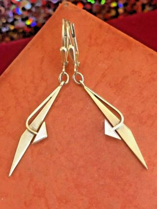 Vintage Estate 14k Yellow Gold Earrings Drop Dangle Modernistic Arrow Leverback