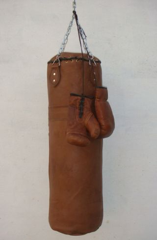 VINTAGE | TAN LEATHER BOXING GYM TRAINING PUNCH BAG & BOXING GLOVES - RETRO 2