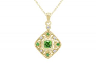 10k Yellow Gold Vintage Style Emerald And Diamond Pendant Necklace