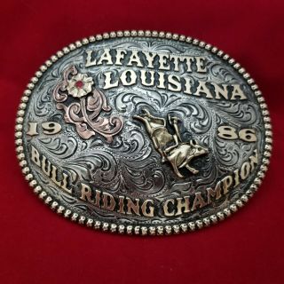 1986 Rodeo Trophy Buckle Vintage Lafayette Louisiana Bull Riding Champion 673
