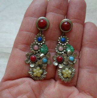 Antique Colorful Czech Molded Art Glass Enamel Silver Filigree Flower Earrings