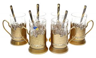 Gold Set Of 6 Russian Vintage Crystal Tea Glass & Handmade Holder Podstakannik