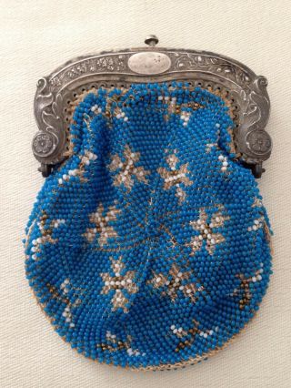 Antique Art Deco Sterling Silver Embossed Framed Blue Beaded Coin Purse