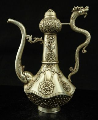 Chinese Silver Carving Dragon Flower Wine Tea Pot Flagon Bottle F02