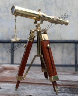 3vintage Solid Brass Telescope With Wooden Tripod Nautical Navy Ship Telescope