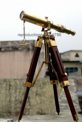 3Vintage Solid Brass Telescope With Wooden Tripod Nautical Navy Ship Telescope 4