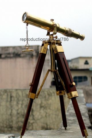 3Vintage Solid Brass Telescope With Wooden Tripod Nautical Navy Ship Telescope 8