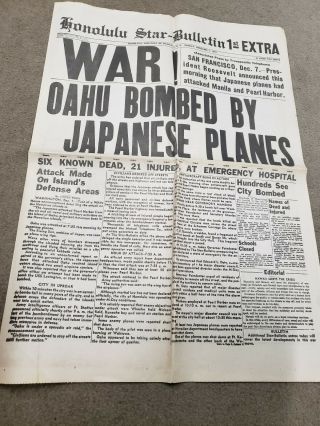 Honolulu Star - Bulletin Newspaper Pearl Harbor December 7,  1941 Wwii