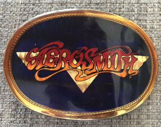 VINTAGE 1978 AEROSMITH LOGO BELT BUCKLE BLUE REFLECTIVE WITH WINGS PACIFICA MFG 2