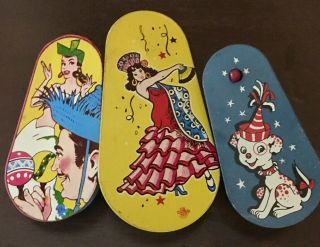 Set Of Three (3) Vintage/antique 1940s Tin Litho Clown Party Noise Makers
