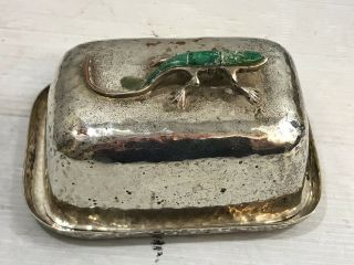Emilia Castillo Silver Plate Butter Dish With Lizard/ Gecko Covered 6 " Hammered