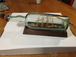 Real Antique/vintage Ship In Bottle,  Blown Glass,  Mahogany Base - Hms Surprise