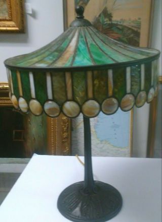 Vintage Tiffany Style Green Stained Glass Bronze Table Lamp.