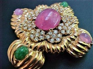 Vintage Ciner Pin Brooch With Clear Rhinestones & Faux Ruby & Emerald Cabachons