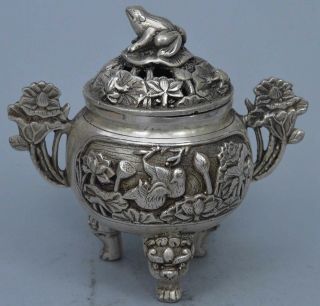 Ancient China Collectable Old Miao Silver Carve Goldfish Lotus Incense Burners