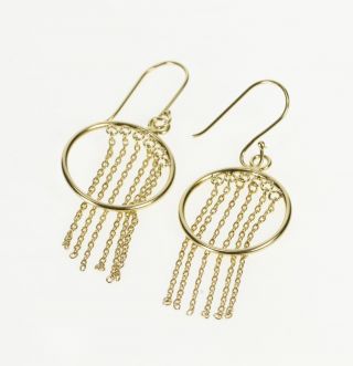 14k Circle Design Chain Dangle Fringe Hook Back Earrings Yellow Gold 15