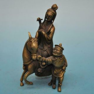 Chinese Old Fengshui Copper Hand - Carved Wang Zhaojun Ride Horse Statu E01