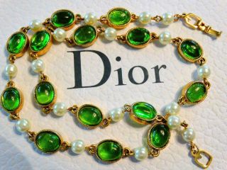 Vtg Christian Dior Grosse Germany Peridot Bezel Gripoix Cabochon Pearl Necklace