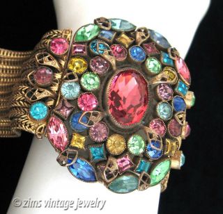 ART DECO Czech filigree Multi - color rhinestone FLORAL Wide gold mesh BRACELET 2