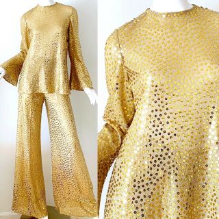 70s Vintage Mollie Parnis Sequin Metallic Gold Lame Disco Bell Bottoms Pant Set