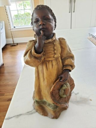 Antique Majolica C 1890 Goldscheider Terracotta Figurine Young Black Girl W/ Hat