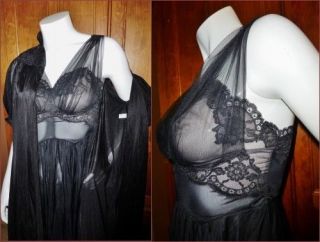 Vtg 60s Vanity Fair Sheer Nylon Lace Bourlesque Lingerie 2pc Robe Gown Set