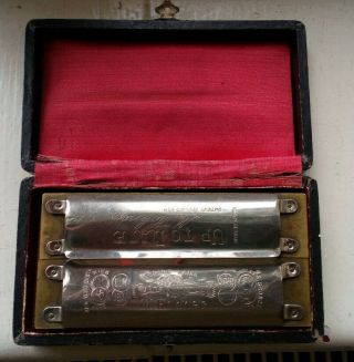 Rare Antique C 1899 Cased Hohner " Up To Date " Double Harmonica Germany