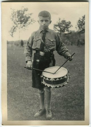 German Wwii Photo: Boy In Uniform With Drum,  Agfa Brovira Paper