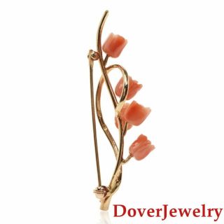 Estate Coral 14K Yellow Gold Floral Bouquet Carved Rose Pin NR 3