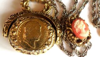 Goldette Long Sliding Cameo&hanginc Cameo Fob Necklace Estate Jewelry Vintage