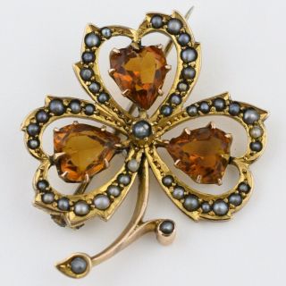 Antique Victorian Edwardian 9k Gold Clover Heart Citrine Seed Pearl Brooch Pin