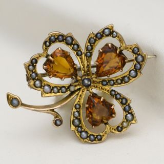 Antique Victorian Edwardian 9k Gold Clover Heart Citrine Seed Pearl Brooch Pin 2