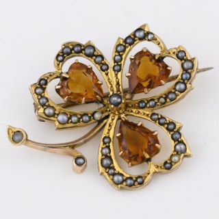 Antique Victorian Edwardian 9k Gold Clover Heart Citrine Seed Pearl Brooch Pin 4