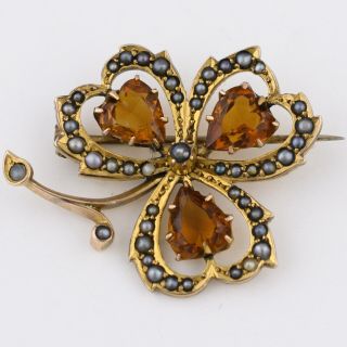 Antique Victorian Edwardian 9k Gold Clover Heart Citrine Seed Pearl Brooch Pin 6