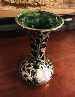 Antique Alvin’s Art Nouveau Sterling Silver Emerald Green Glass Overlay Vase