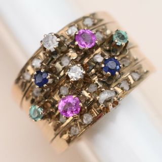 Vtg Victorian Revival 9k Gold Diamond Sapphire Emerald Harem Sz 6.  5 Wide Ring