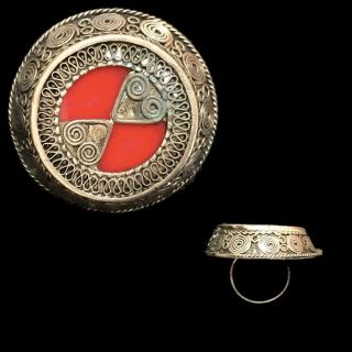 Rare Ancient Bedouin Decorative Silver Ring With Red Stone 300 Bc