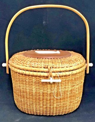 Vintage Nantucket Style Wicker Lined Purse Sewing Basket Handbag Bone Whale Lid