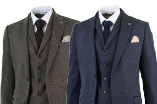 Mens 3 Piece Wool Blend Herringbone Tweed Suit Blue Brown Vintage Tailored Fit