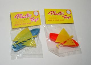 2 Dime Store Toy Boat Sailboat Plastic 1970s Nos Mib Hong Kong Blue & Red