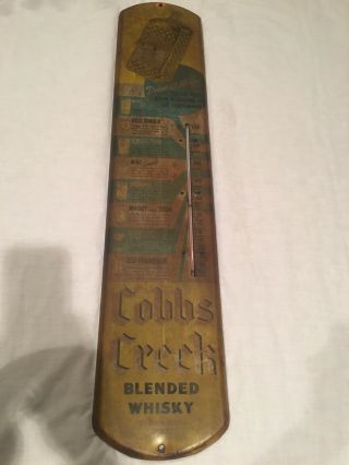 Large Antique Cobbs Creek Whisky Advertising Thermometer Metal Sign