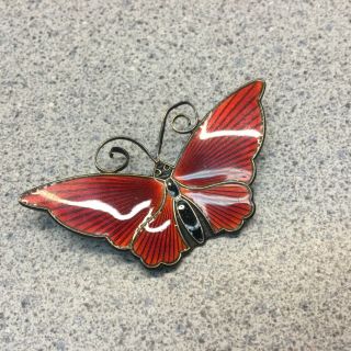 Rare Color David Andersen Red Butterfly Brooch - Norway Sterling Silver W/enamel